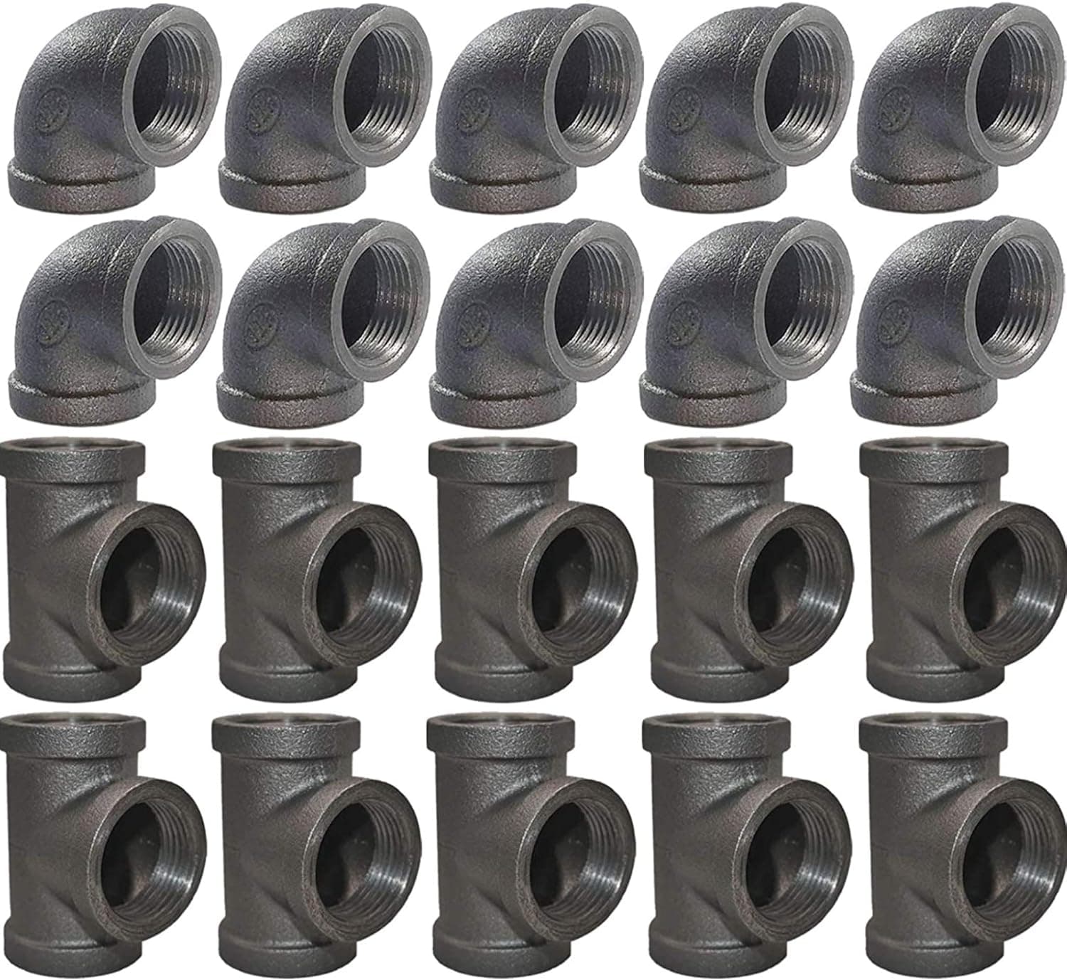 Brooklyn Pipe 3/4 Inch Elbow Tee Combo Pack (10 Elbows, 10 Tees) Threaded Pipe, 90 Degree Pipe Elbow Tee Decorative Iron Piping, Metal Cast Pipe Fittings For DIY Furniture Projects