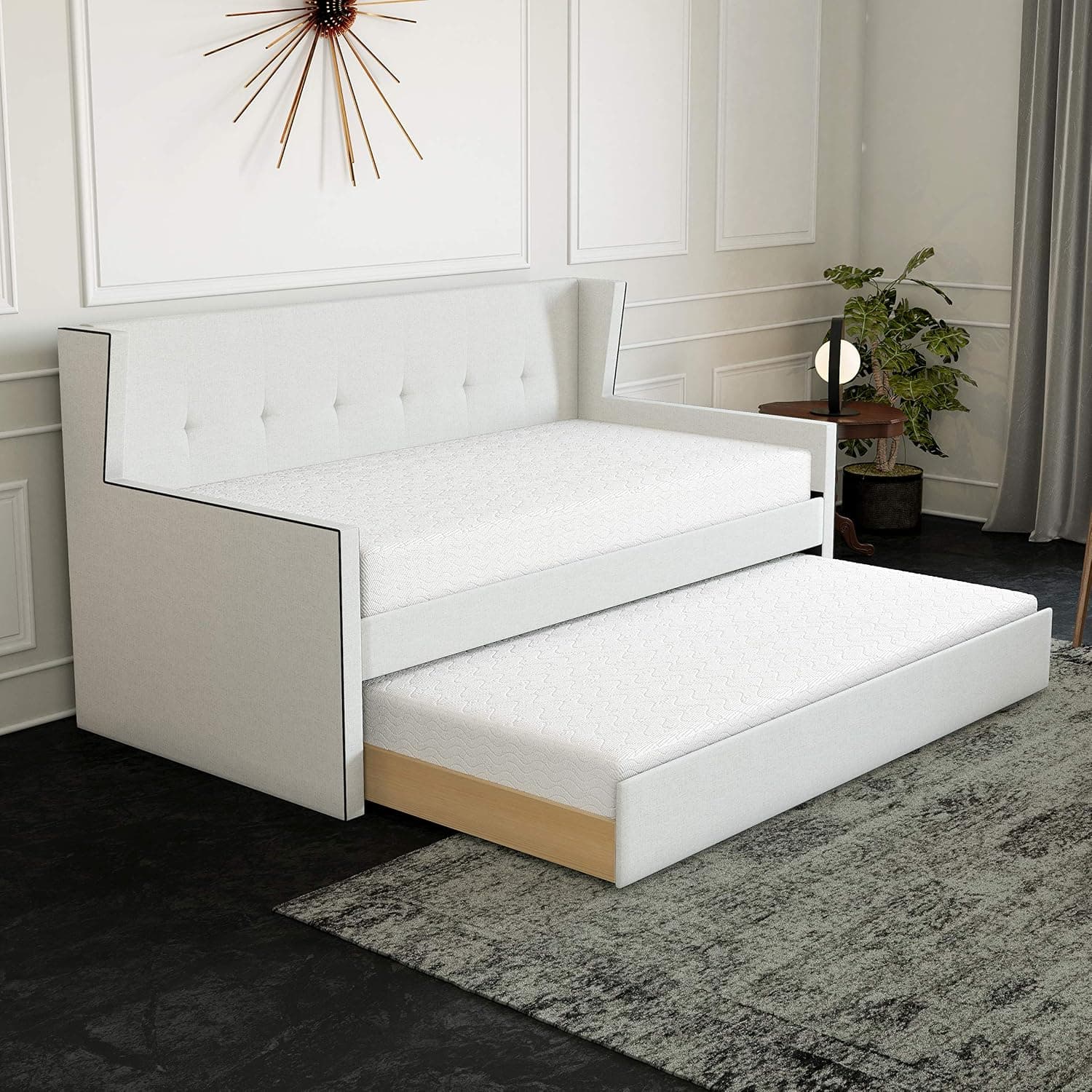 Boyd Sleep Cedonia Upholstered Platform Daybed and Pull Out Guest Trundle Bed Frame Mattress Foundation with Strong Wood Slat Supports: Tufted Linen, Cream, Twin