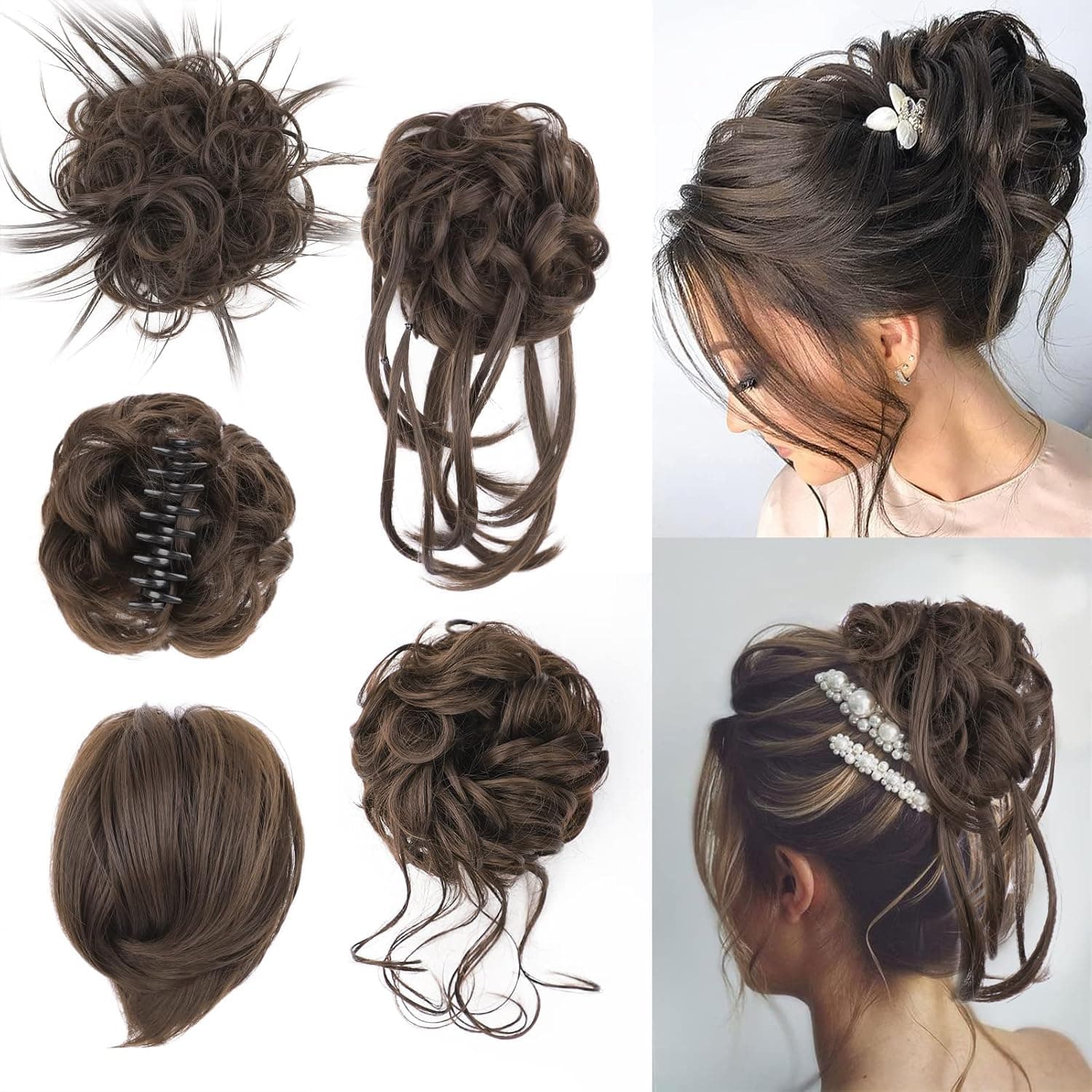 FREEMEIGE 5 Pieces Messy Bun Hair Pieces Long Tousled Updo Hair Bun Hair Extension Ponytail for Women Elastic Easy Scrunchies Hairpiece with Elastic Band （8L）