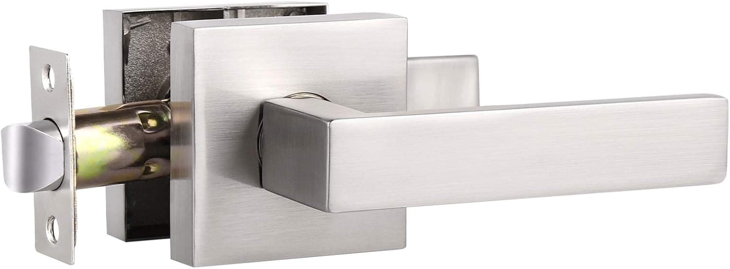 Knobonly 3 Pack Reversible Satin Nickel Door Handle, Square Passage Door Lever for Hall and Closet