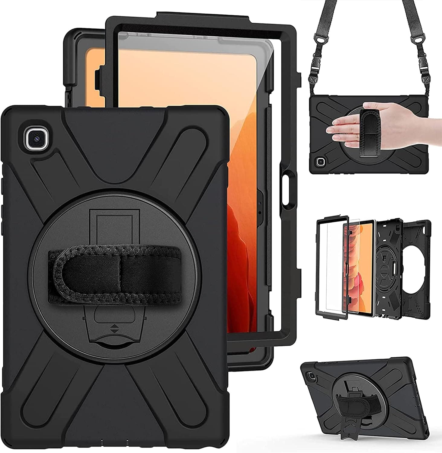 Gerutek Samsung Galaxy Tab A7 Case, 10.4 Inch 2020 Case with Screen Protector, 3-Layer Structure Shockproof Case with Shoulder/Hand Strap, Kickstand, Case for [SM-T500/T505/T507 ], Black