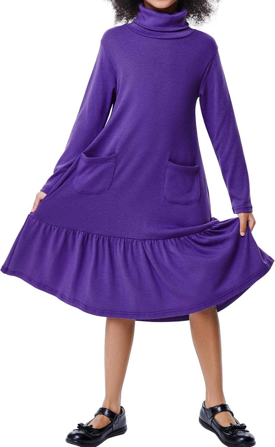 LIONJIE Girls Long Sleeve Dress High Neck Ruffle Tiered Hem A-Line Fitted Over Knee Midi Dress with Pockets 4-13Y