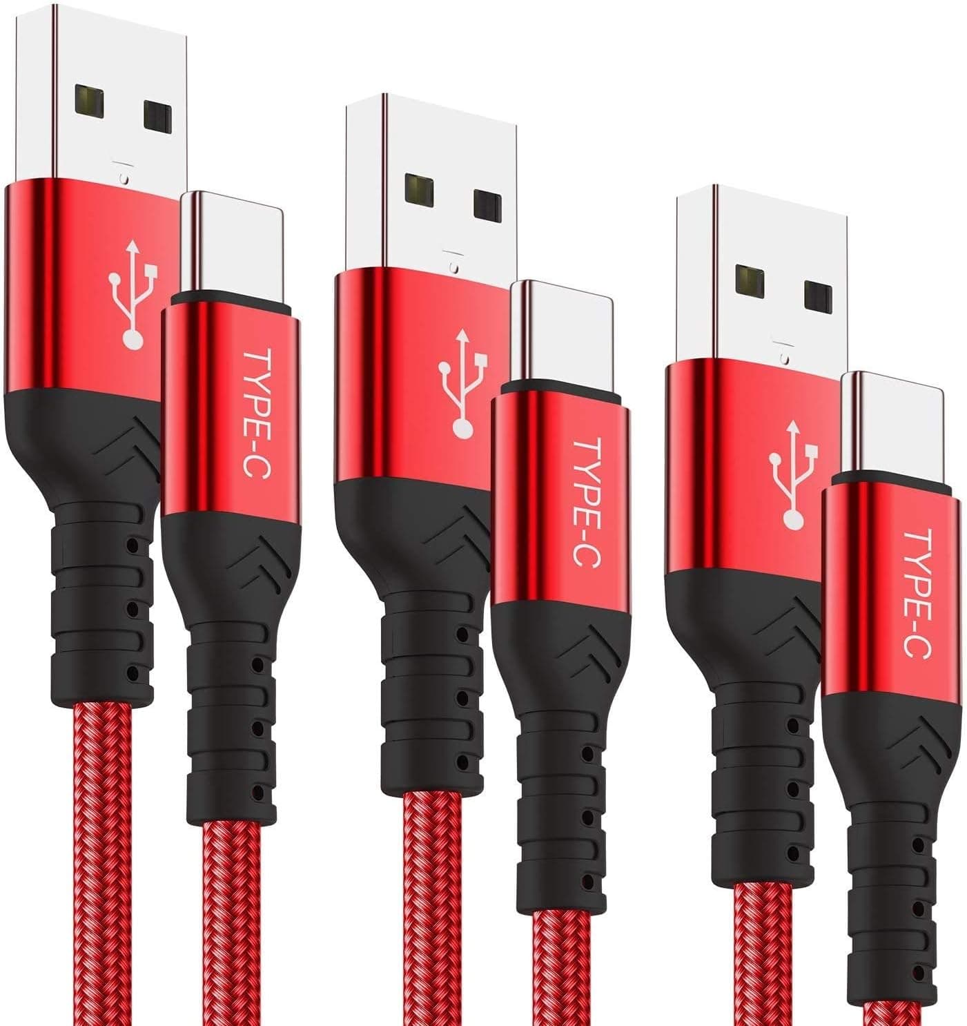 Short USB C Cable,3-Pack(1ft+2x3ft) USB Type C Charger Nylon Braided Fast Charging Cord Compatible Samsung Galaxy S10+ S9 S8 Plus,Note 9 8,G5 G6 G7 V35,Google Pixel,Moto Z2 Z3,Power Bank(Red)