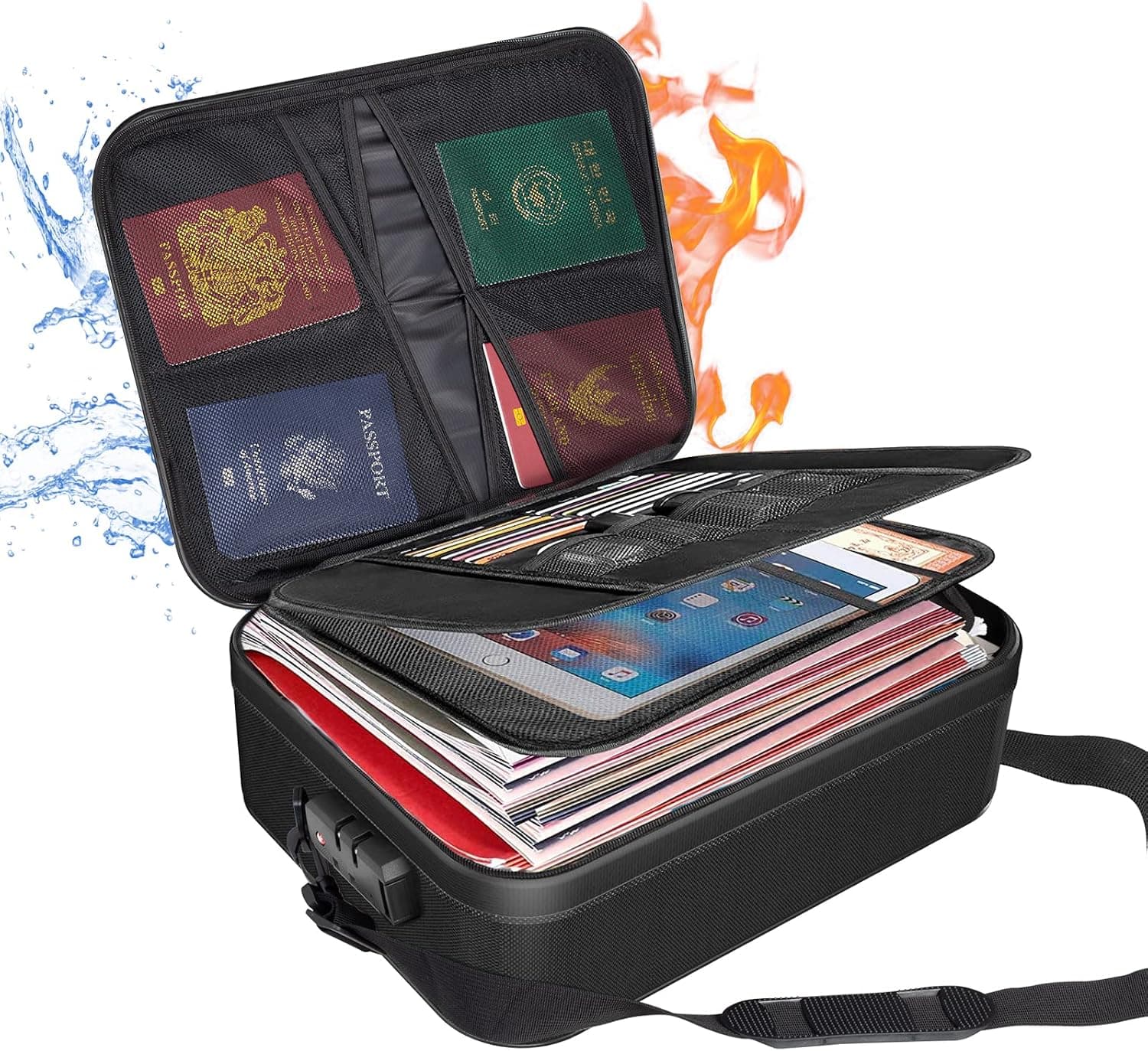 Marvelent File Organizer Bag - Fireproof 3-Layer File Storage Bag with Safe Lock and Shoulder Strap Document Safe Portable Travel Home Organizer Bag for Laptop, Files, Certificates (Black)