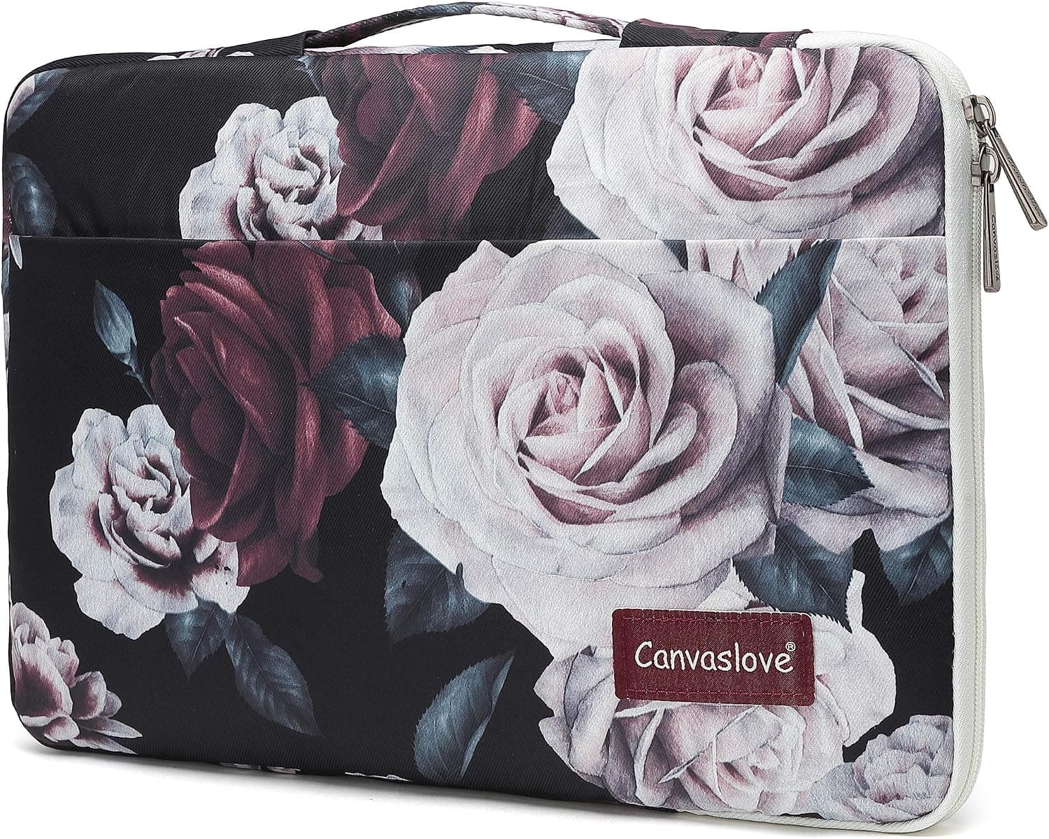 Canvaslove Waterproof Laptop Sleeve Bag case with Pockets and Handle (15.6 inch, Red and White Rose)