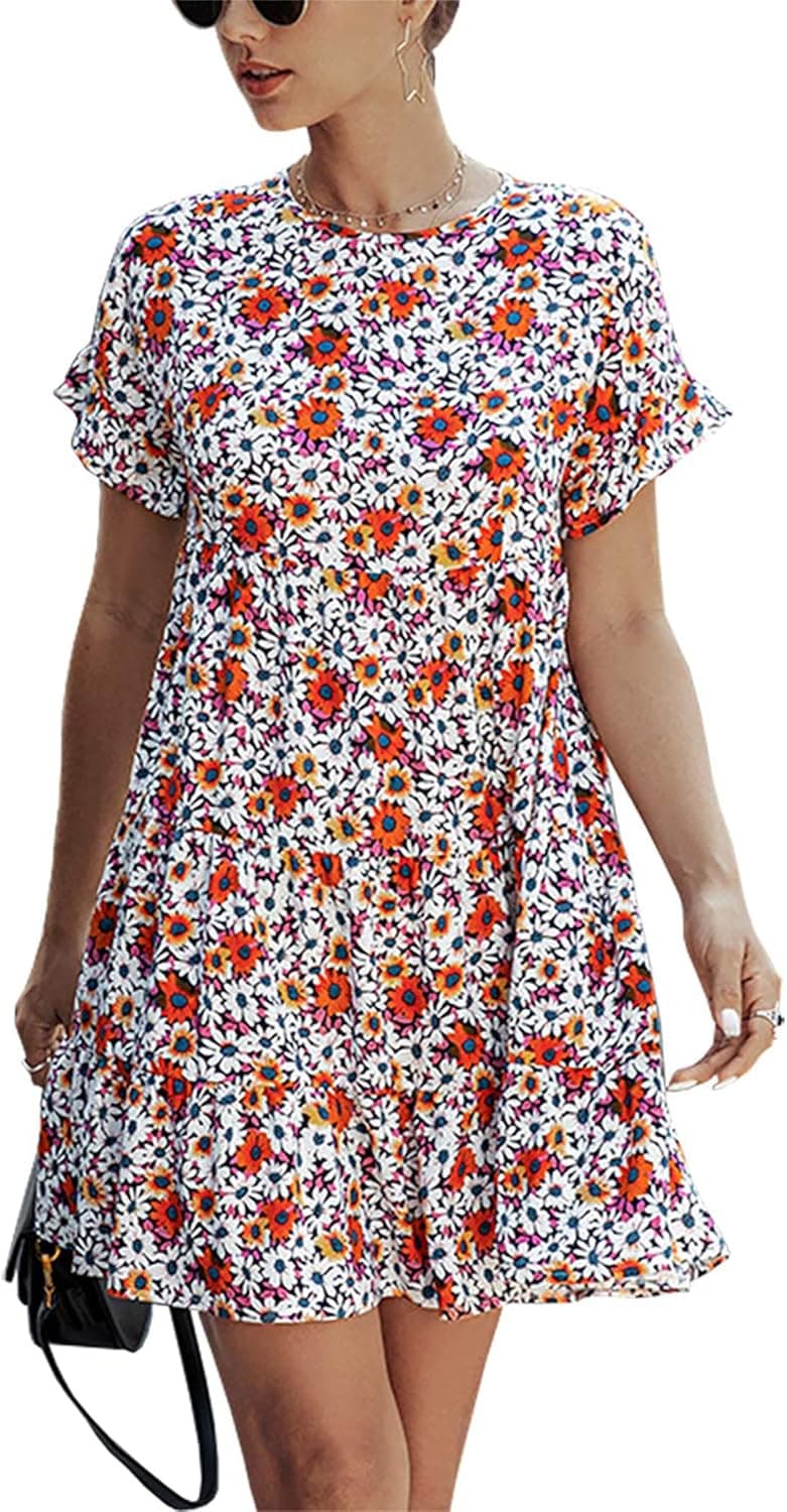 KIRUNDO Women's Ruffle Short Sleeves Leopard Floral Round Neck Loose Pleated Mini Dresses