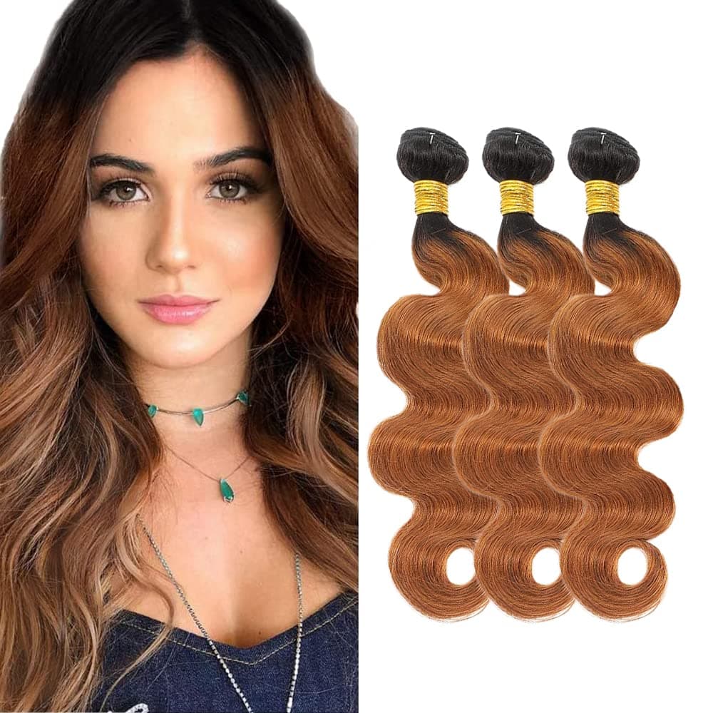 22 22 22 Inch 1b/30 Human Hair Bundles Ombre Body Wave Hair Bundles 2 Tone Brown Peruvian Human Hair 3 Bundles Body Wave 8A Unprocessed Virgin Weave Hair Human 1b/30 Auburn Bundles