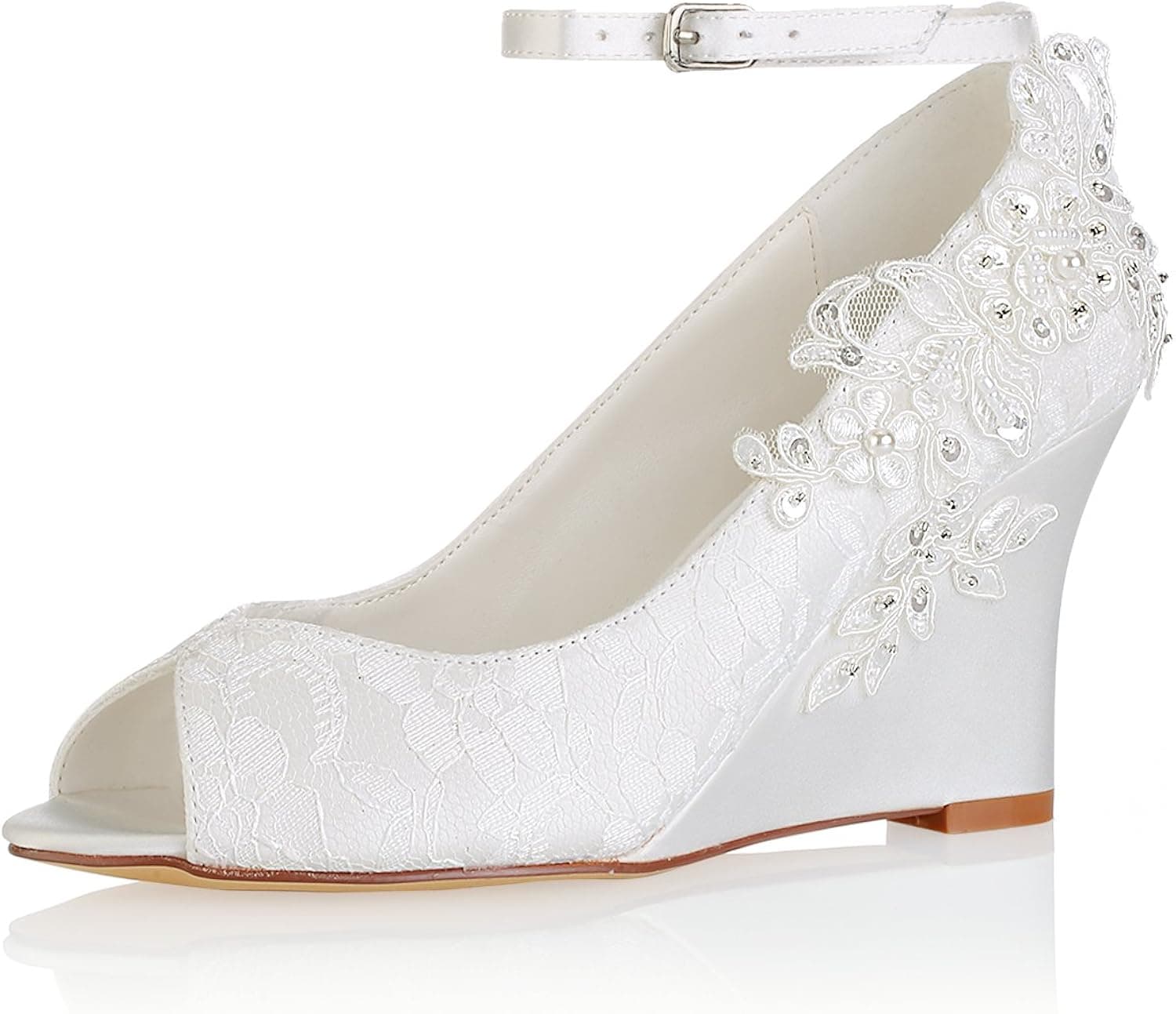 Emily Bridal Lace Wedding Shoes Ivory Peep Toe Flowers Detail Wedge Shoes Ankle Strap Bridal Shoes