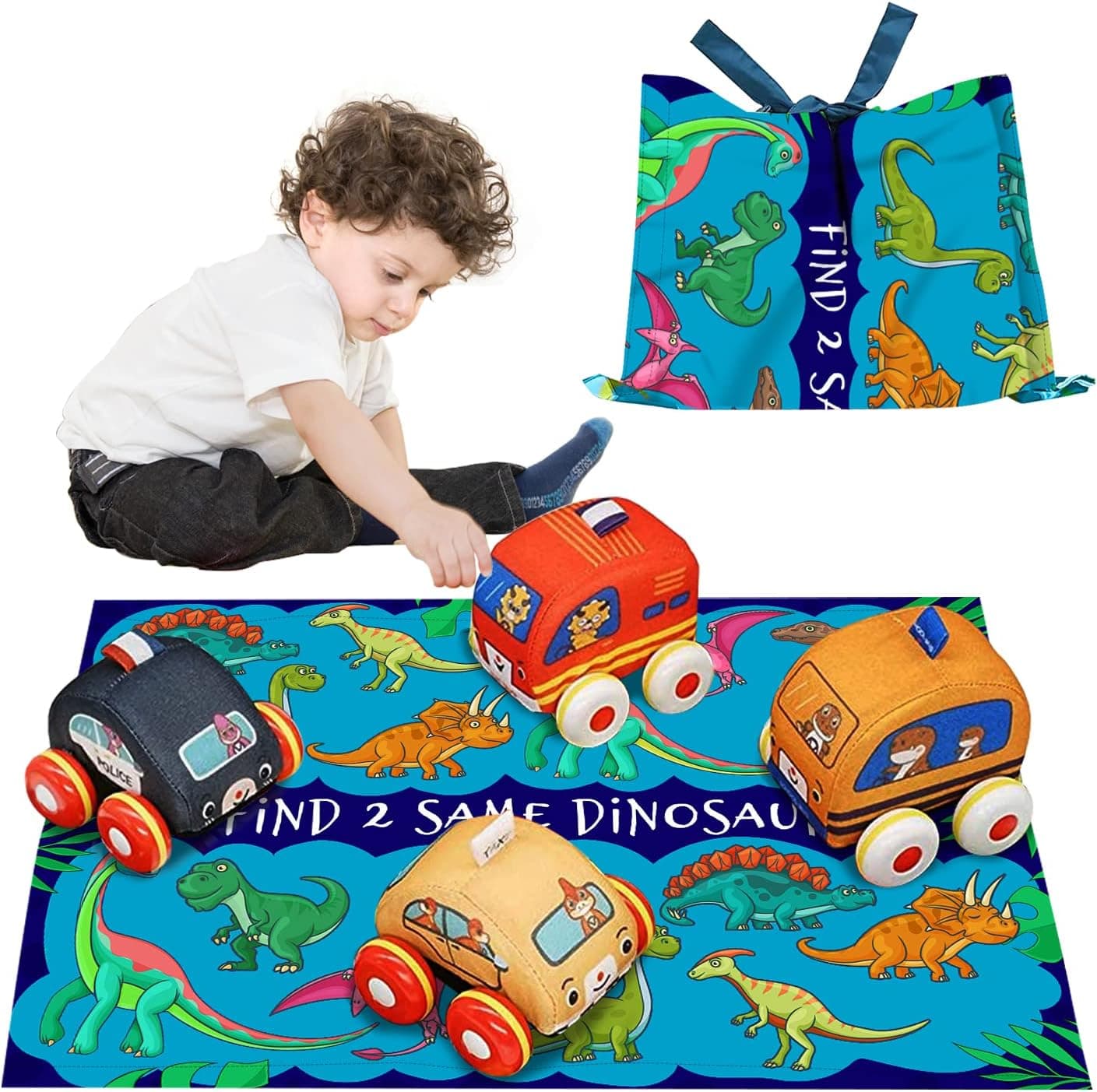 VANLINNY Baby Cars for Toddlers, Pull Back Car for 1 Year Old Boy with Play Mat,4 Pack Washable Soft Plush Cars for Kids, Metal Die Cast Pull Back Vehicles Play Set
