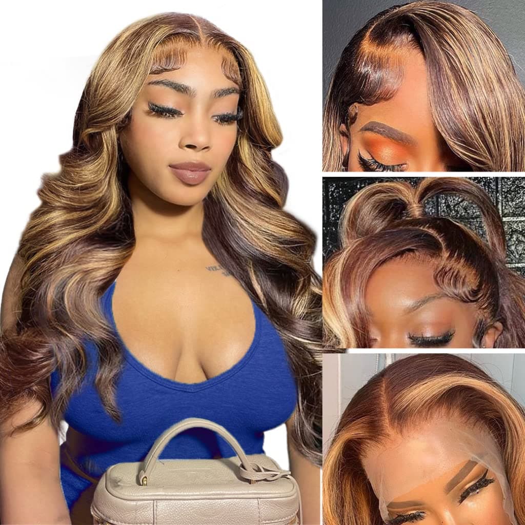 LZGYE Highlight Ombre Lace Front Wig Human Hair Pre Plucked 13x4 HD Transparent 4/27 Honey Blonde Lace Frontal Wigs with Baby Hair 150% Density Colored Body Wave Lace Front Wig Human Hair(12 Inch)
