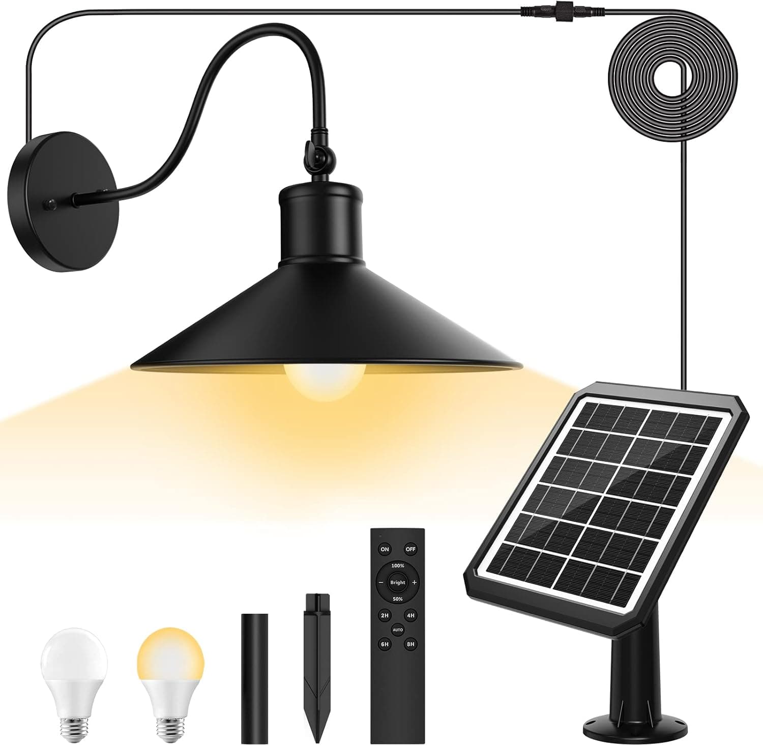 Solar Barn Light, Waterproof Solar Gooseneck Farmhouse Lighting with High Efficient Solar Panel + Remote Control + 3000/6000K LED Bulbs, for Shed, Greenhouse, Barn, Chicken Coop, Garage, Workshop,Shop