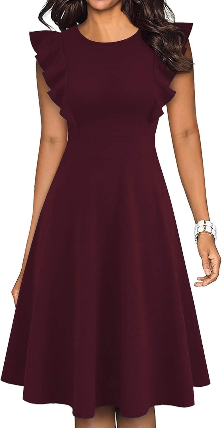 IHOT Women's Vintage Ruffle Floral Flared A Line Swing Casual Cocktail Party Dresses with Pockets