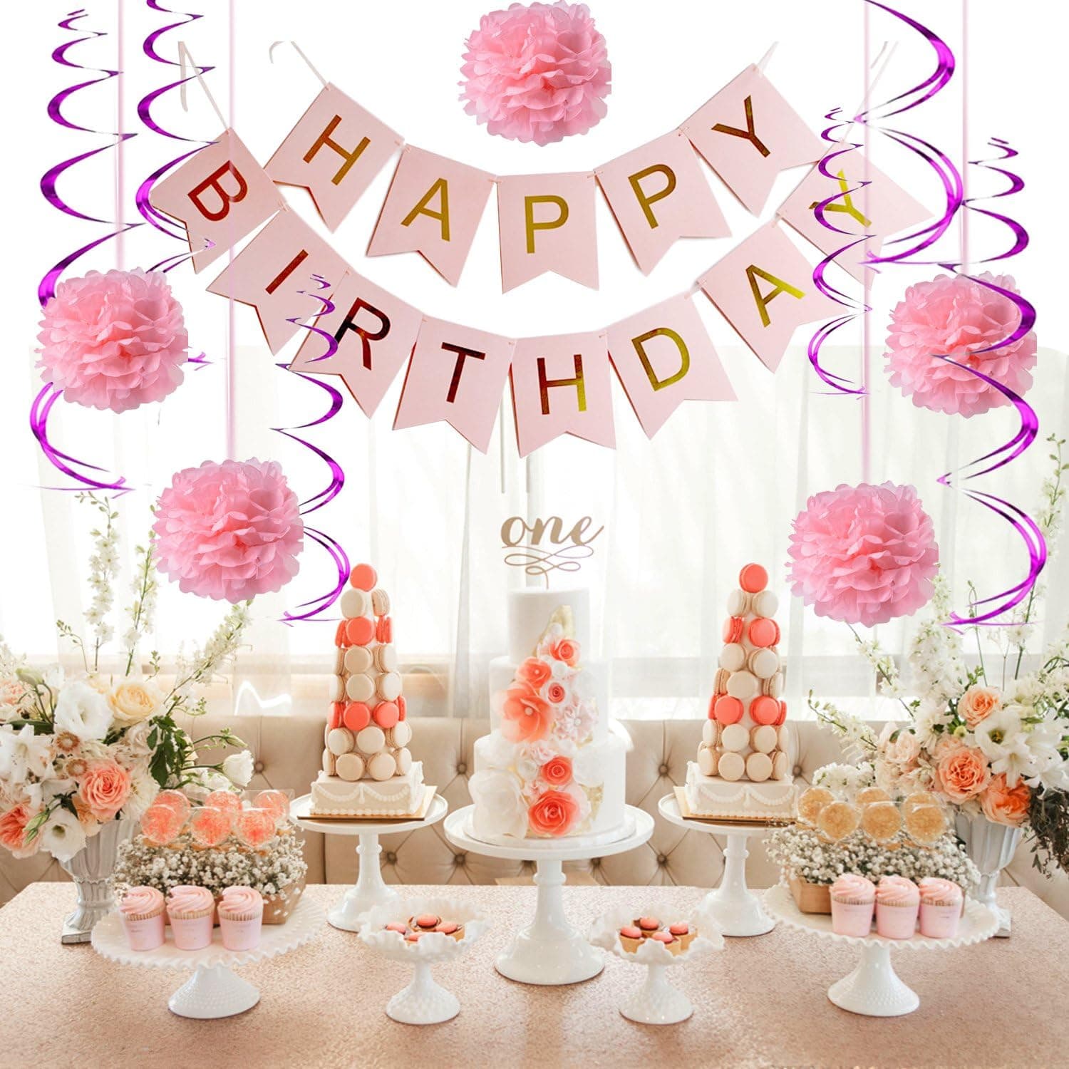 Birthday Party Decorations for Adults and Woman Kids Birthday Pink Happy Birthday Banner with Pom Pom and Spiral Garland 1st Birthday Girls, Party Decorations