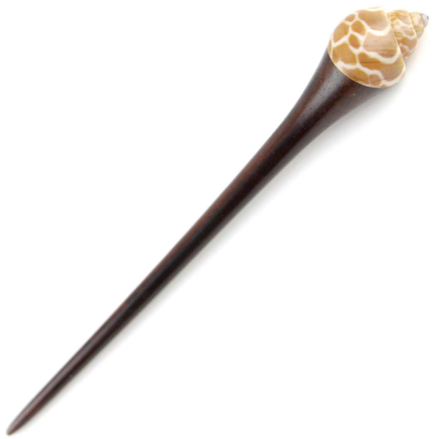 Evolatree Natural Wood Hair Pin - Hand Carved Wooden Hair Stick with Unique Shell - Spotted Caramel Tan & White - 7"
