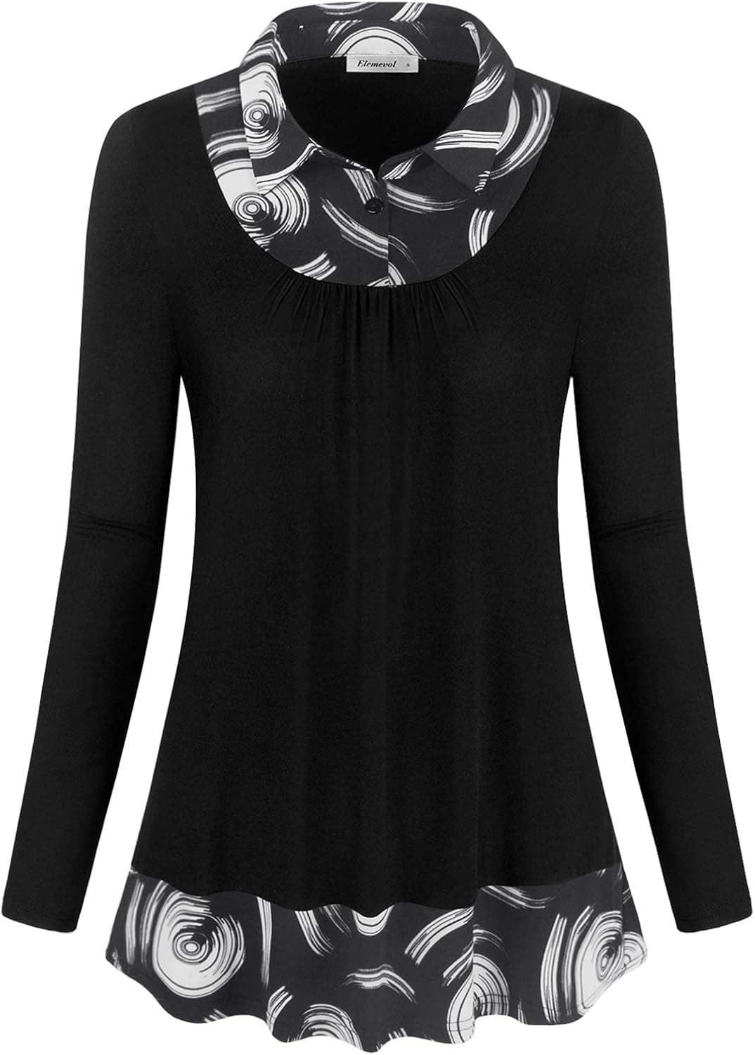 Elemevol Women's Office Tunic Blouses Classy Contrast Collar Form Fitting Long Sleeve Shirt Tops