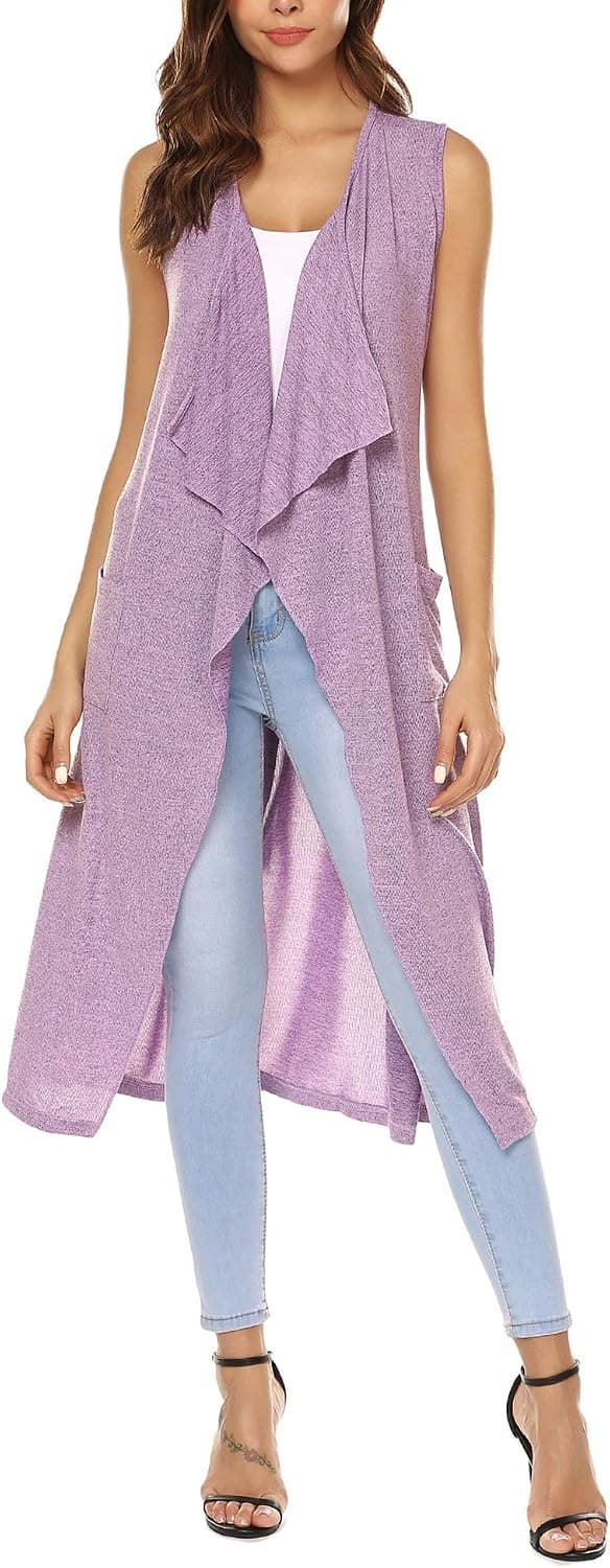 URRU Womens Casual Sleeveless Open Front Cardigan Sweater Vest with Pockets and Belt