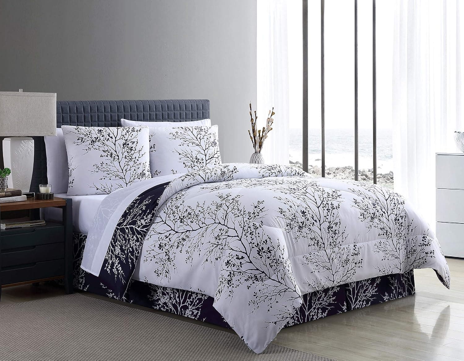 VCNY Leaf 8-Piece Comforter Set, King, Navy and White