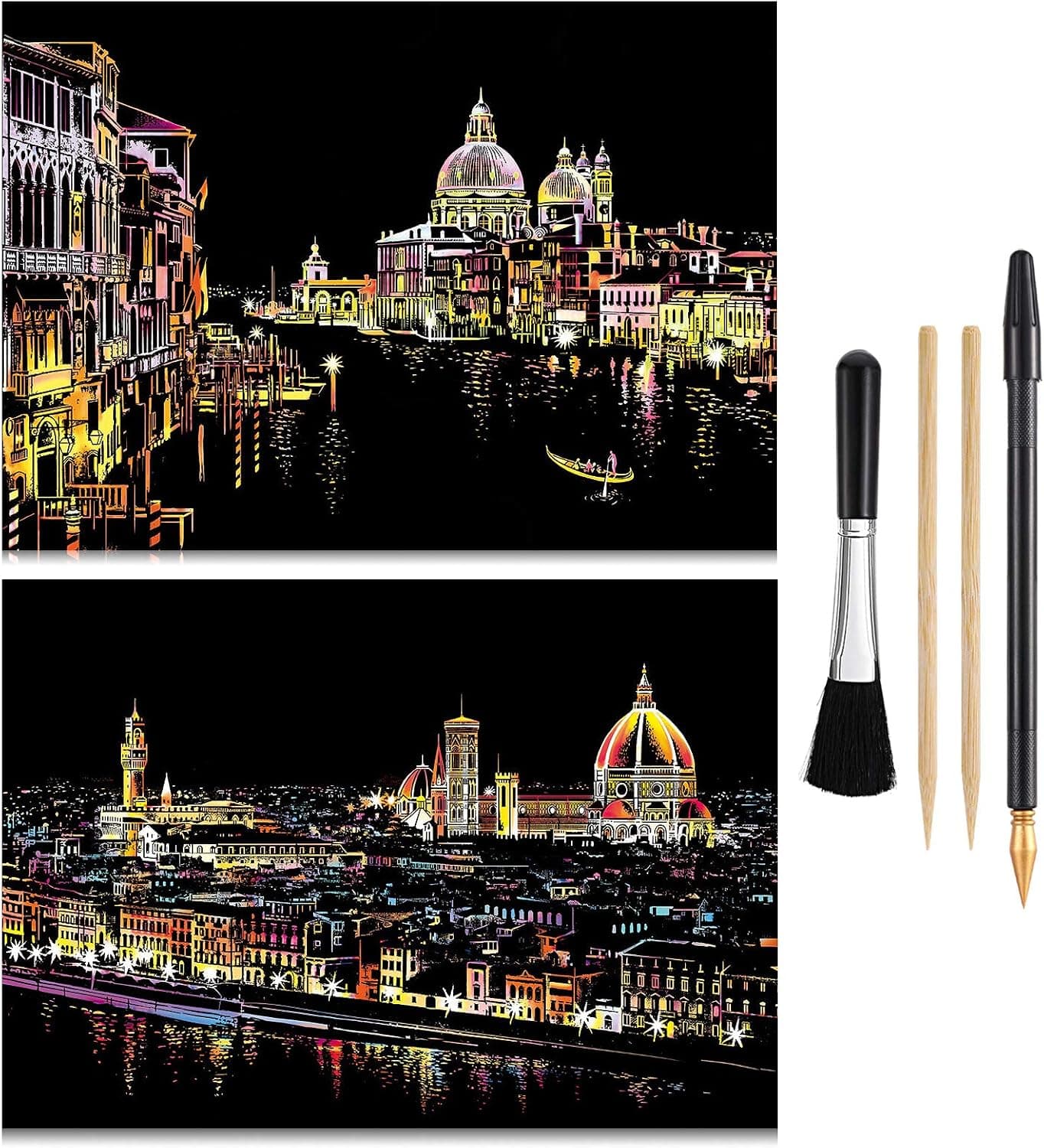 Scratch & Sketch Art Paper(16”x 11.2”) for Kids & Adults, Rainbow Painting Night View Scratchboard, Painting Gift, Craft Kits : 2 Sheets Scratch Cards & Drawing Pen, Clean Brush (Florence & Venice)