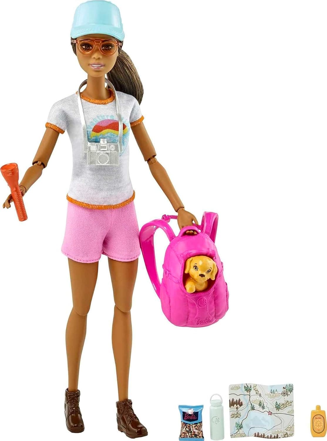Barbie Self-Care Doll, Brunette Posable Hiking Doll with Puppy and Accessories Including Backpack Pet Carrier and Camera