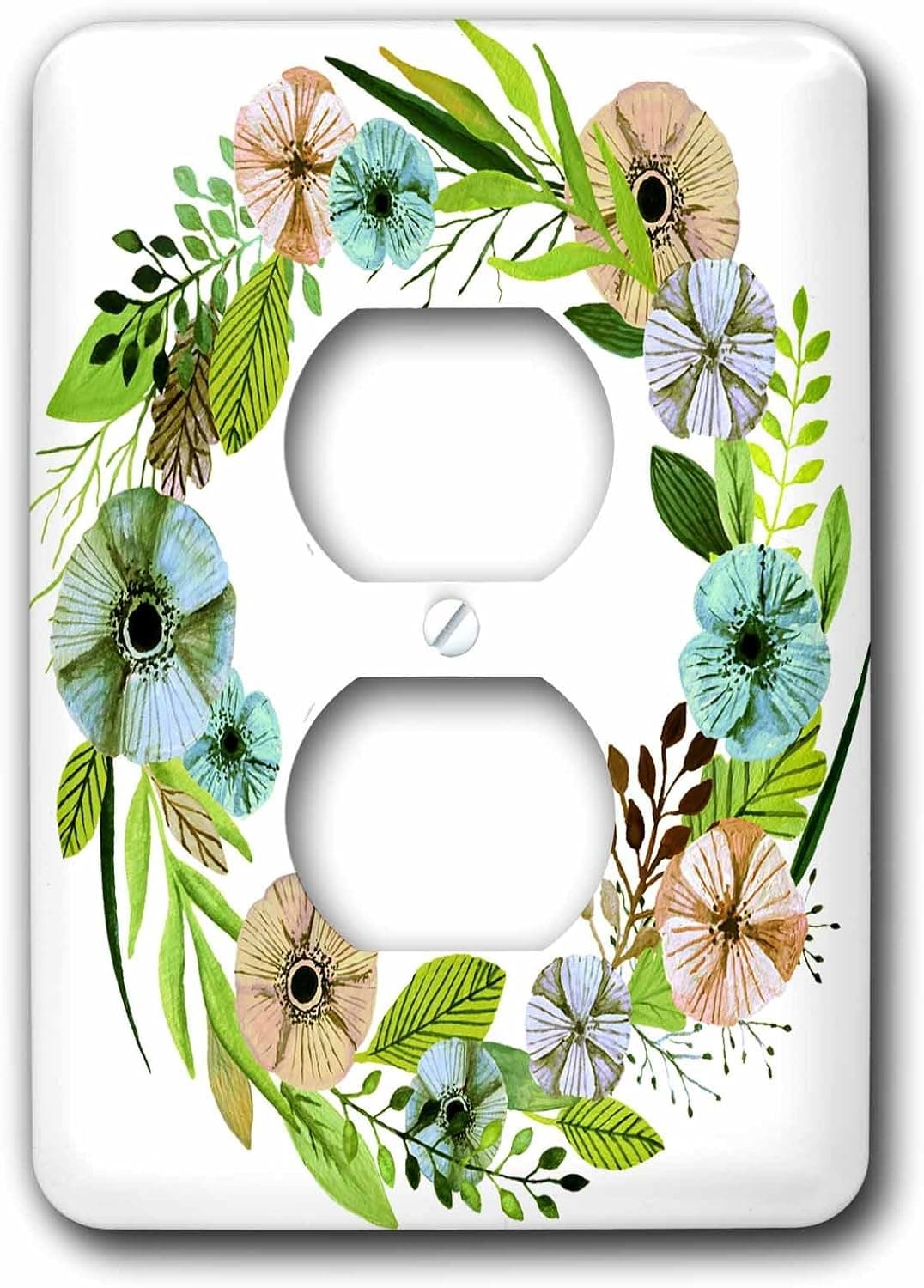 3D Rose LSP_254894_6 Pretty Watercolor Green and Aqua Floral Wreath 2 Plug Outlet Cover