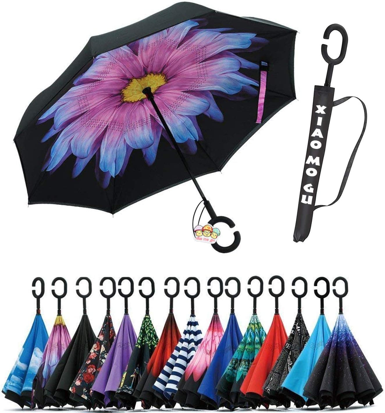 XIAOMOGU Creative Double Layer Inverted Umbrella Cars Reverse Umbrella, Windproof UV Protection Inverted Umbrella for Car Rain Outdoor Upside Down Umbrella with C-Shaped Handle