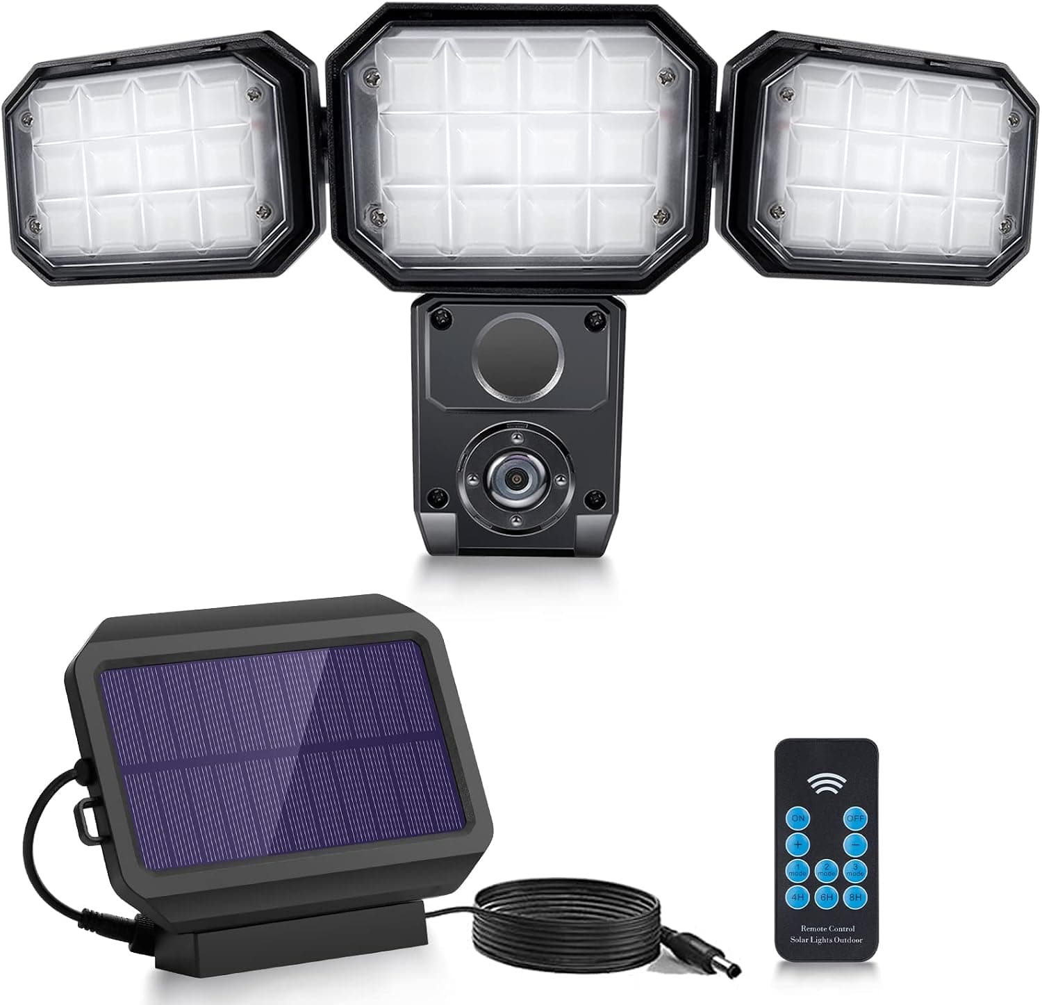 CHARON Solar Motion Lights Outdoor, 1600LM LED Solar Flood Lights Outdoor Motion Sensor and Alarm, 6500K Daylight White, IP65 Waterproof Solar Security Lights with 3 Adjustable Head for Yard, Garage