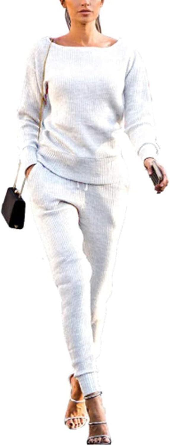 Nuofengkudu Womens Fall Rib-Knit Pullover Sweater Tops & Jogger Pants Set Sweatsuit 2 Piece Outfits Tracksuit