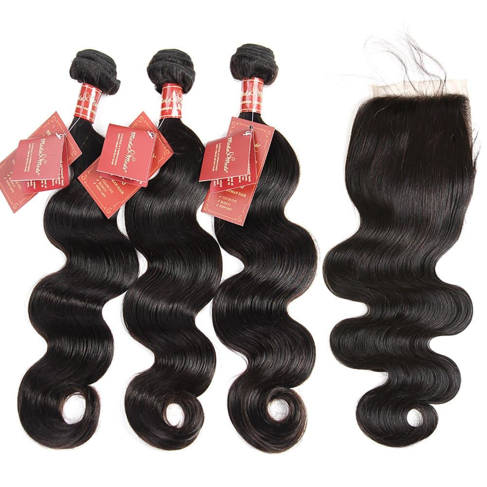 Moda Mode Hair Virgin Human Hair Extensions Brazilian Body Wave 3 Bundles with Lace Closure Free Part (14 16 18+10 inch Closure) Tangle Free Natural Color Weft