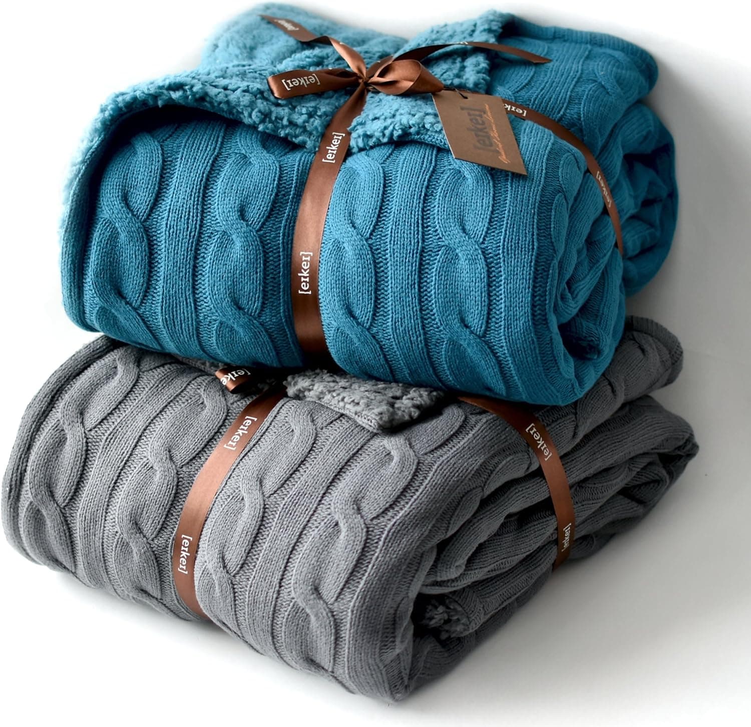 Cable Knit Sherpa Oversized Throw Reversible Blanket Faux Sheepskin Lined Cozy Cotton Blend Sweater Knitted Afghan in Grey White or Turquoise Blue (Charcoal)