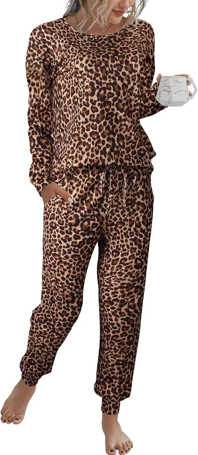 Prinbara Women’s Tie Dye Two Piece Loungwear Set Long Sleeve Shirt with Long Pants Long Pajamas Sets Leopard 1PA94-zongbaowen-M