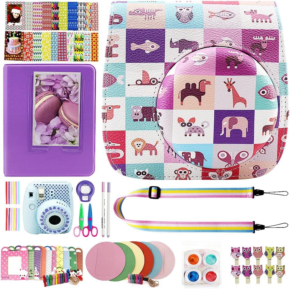 Elvam 12 in 1 Camera Accessory Bundles Set for Fujifilm Instax Mini 8 - Colorful Animals (Mini 8 Case/Camera Strap/Album/Film Frames/Stickers/Border Stickers/Lens/Filter/Owl Clip/Pens/Scissors)