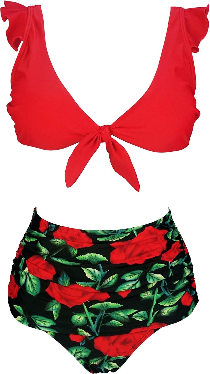 COCOSHIP Women's Retro Floral High Waisted Shirred Bikini Set Tie Front Closure Top Ruffle Swimsuit(FBA)