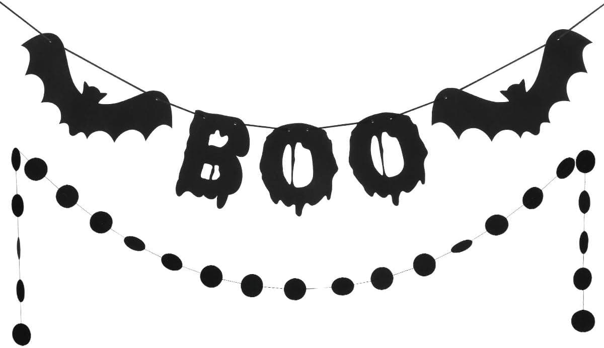 Black Glitter Boo Banner and Halloween Circle Dots Garland - Bat Halloween Decorations Boo Halloween Banner for Mantle Home Decor Boo Halloween Decor