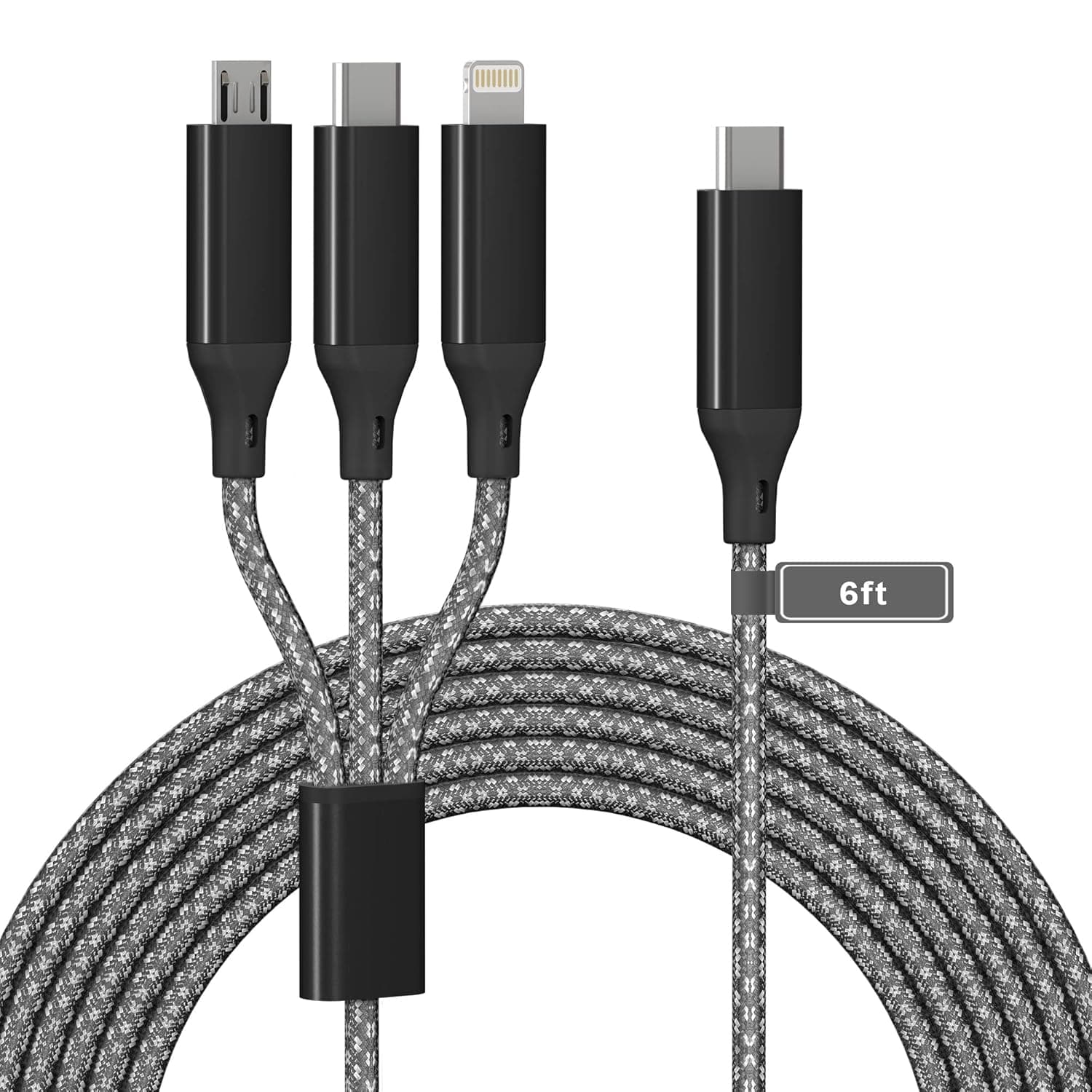 USB C to Multi 3 in 1 Long Charging Cable, 2M/6Ft 6A PD Fast Charging Cable, Universal Multiple Ports Long Charger Cord with USB C Micro USB Lightning Connector for iPhone(Type C Not for i pad)