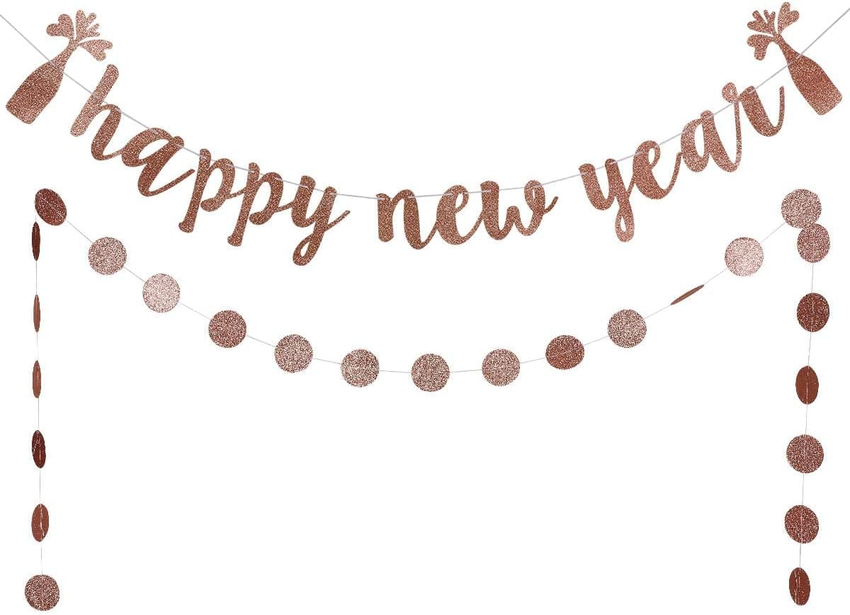 Rose Gold Glitter Happy New Year Banner and Circle Dots Garland,New Years Eve Party Supplies 2022,Happy New Year Decorations 2022,New Years Fireplace Mantle Decorations,Cheers to 2022 New Years Decor
