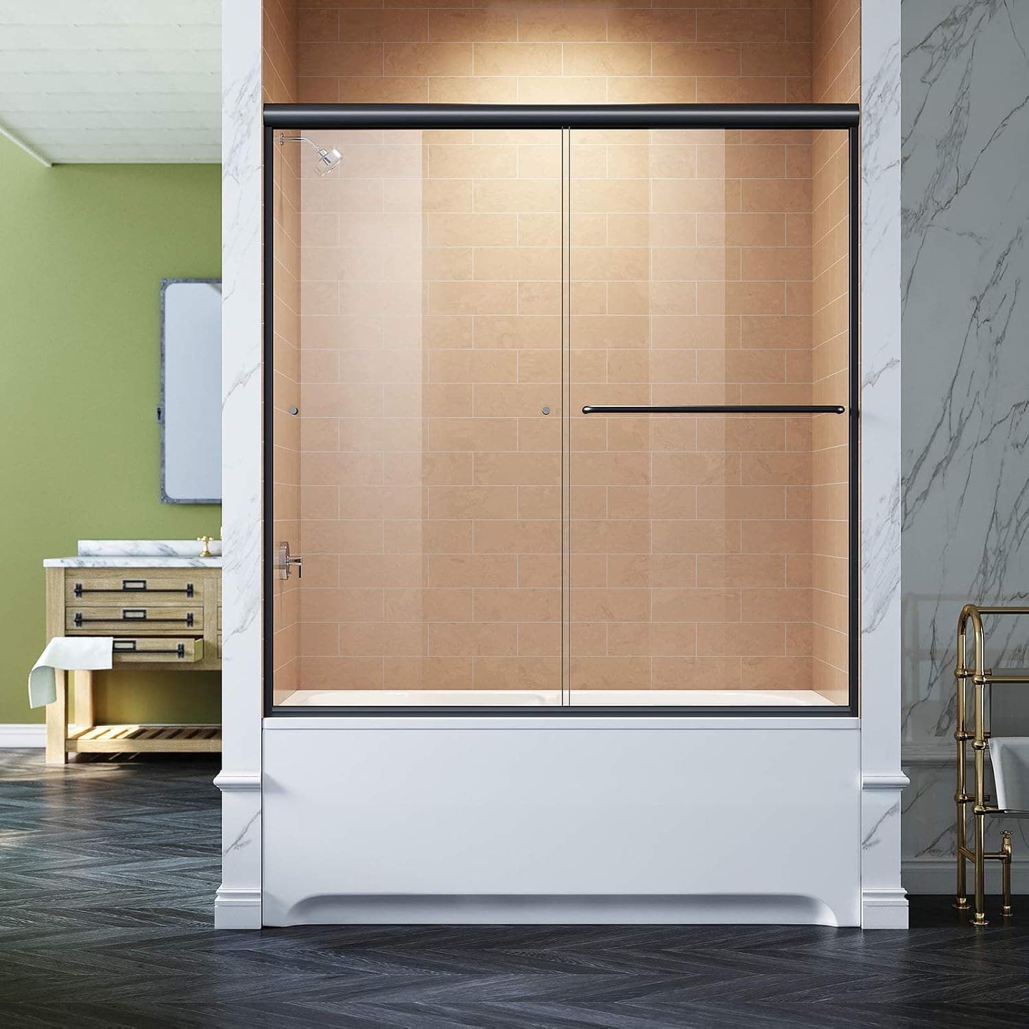 SUNNY SHOWER 60 x 62 Inch Semi Frameless Sliding Bathtub Shower Clear Tempered Glass Door with Aluminum Long Towel Bar Rail, Black Hardware