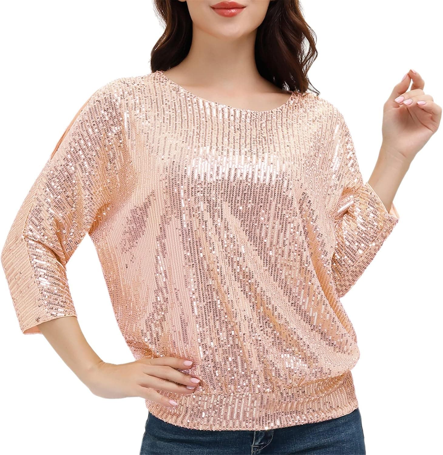 JASAMBAC Women's Sparkle Sequin Tops Shimmer Glitter Loose Cold Shoulder Party Tunic Batwing Dolman Dressy Tops