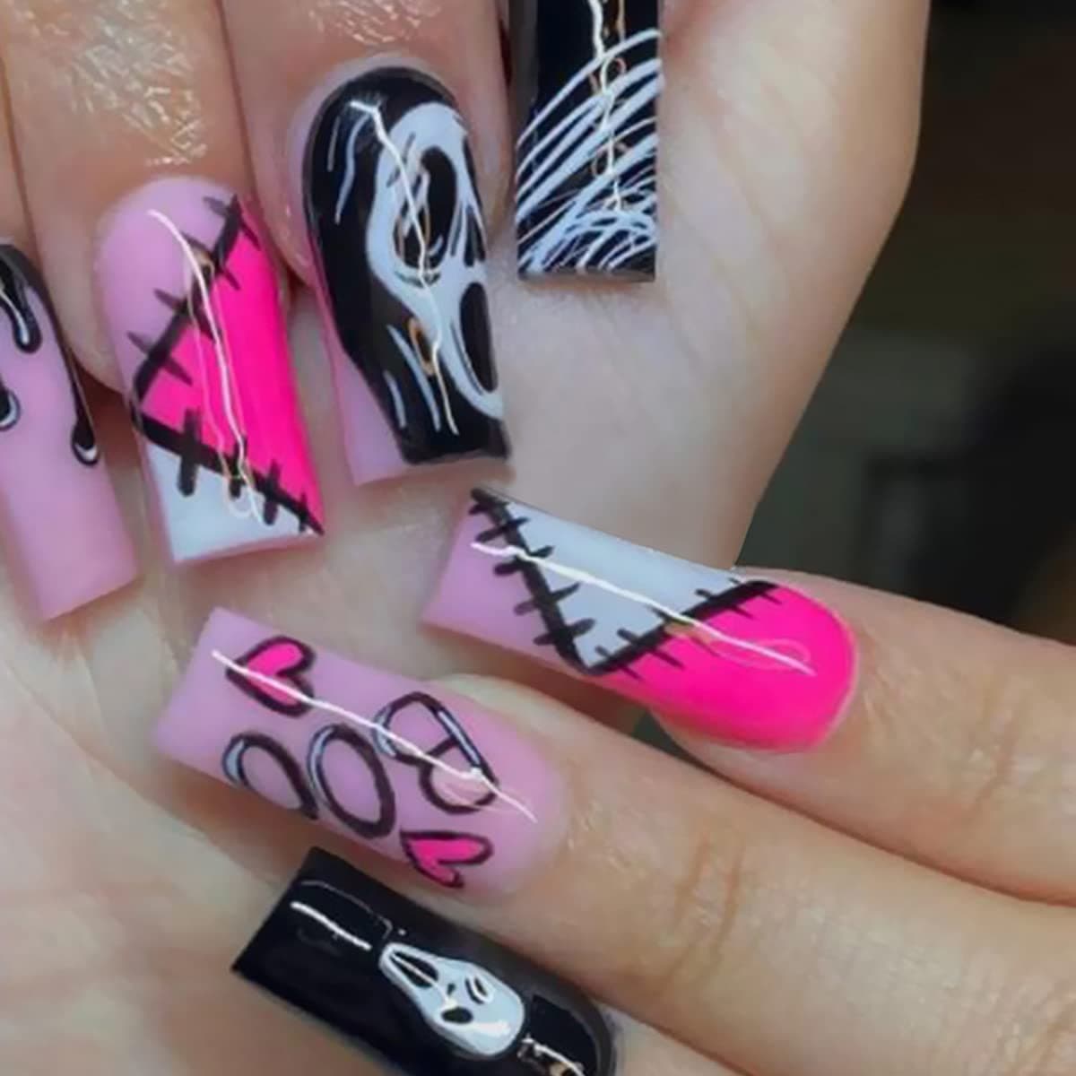 24 Pcs Ghost Face Press on Nails Long with Halloween Nails Design Full Cover Halloween Long Fake Nails Coffin False Nails for Women and Girls Acrylic Nail DIY Halloween Decoration with Nail Glue