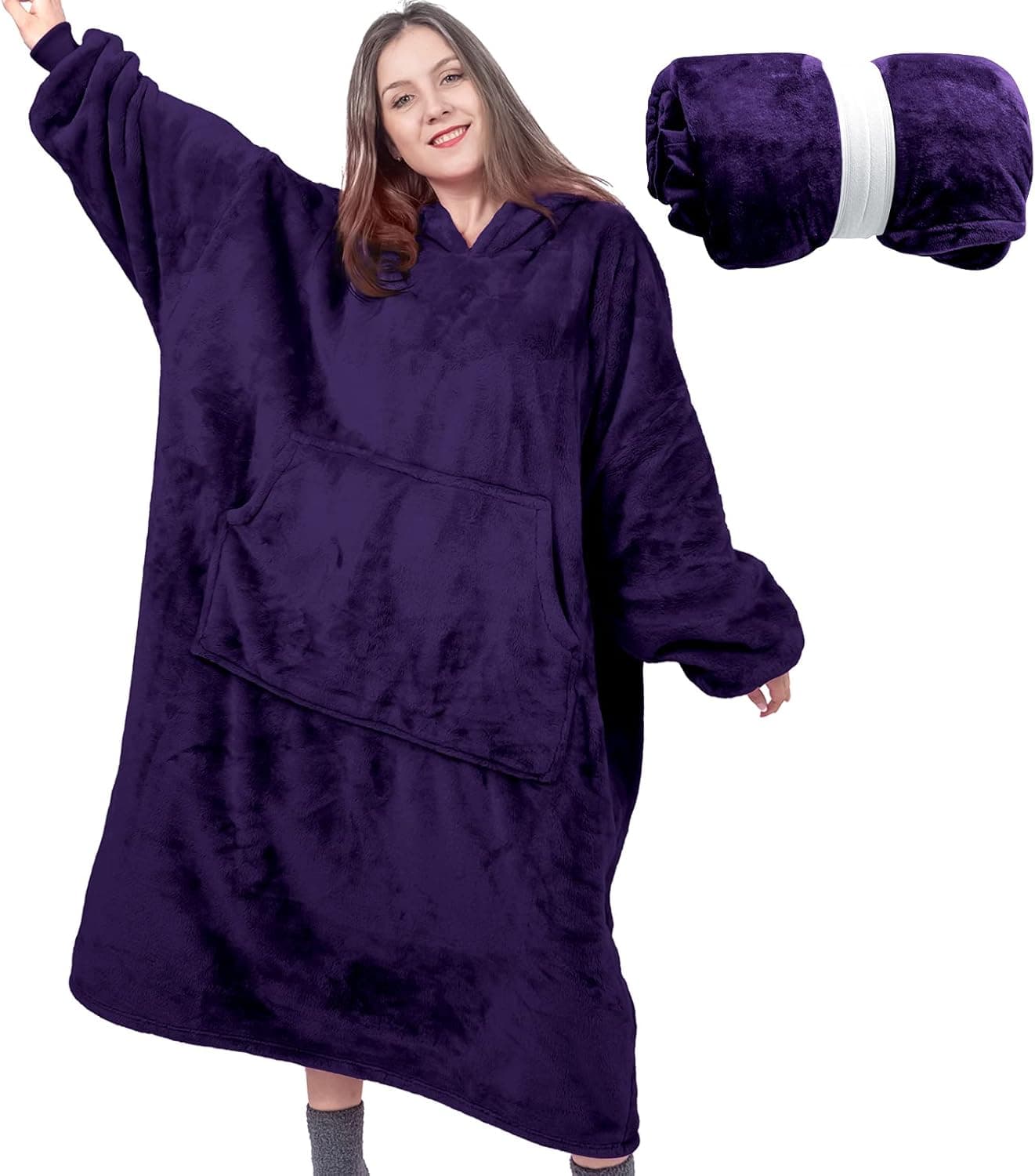 Winkcao Blanket Sweatshirt Hoodie Blanket, Wearable Blanket Blanket Hoodie for Women, Hooded Blanket Cozy Blanket Women, Super Warm and Oversized Blanket with Sleeves and Giant Pocket (Purple) 1