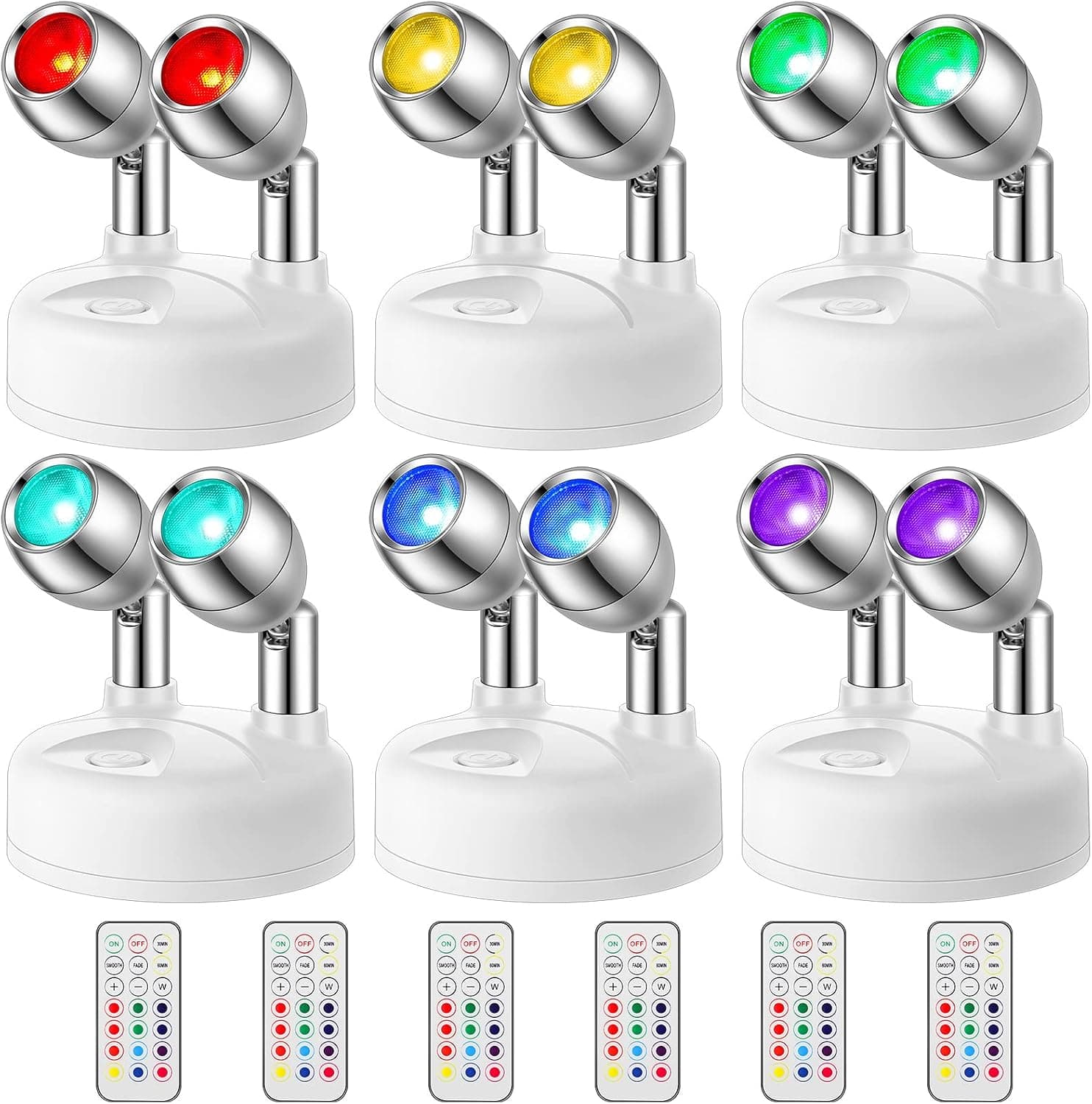 6 Pieces 13 Color Battery Operated Spotlights Indoor Wireless Spotlight Mini Indoor Battery Powered Spotlight LED Spotlight Stick on Wall Spotlight for Artwork Closet (White)
