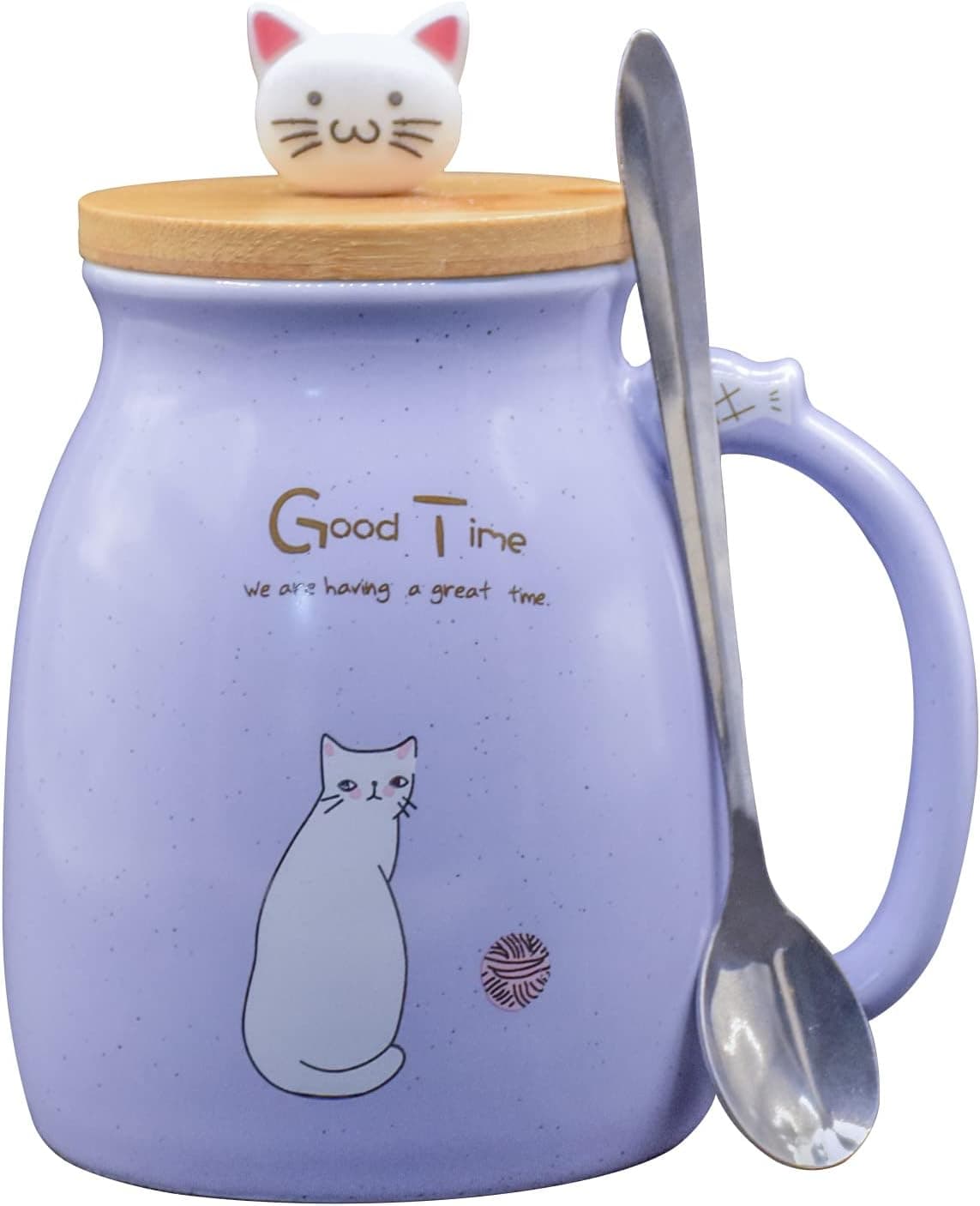 Cat Mug Cute Ceramic Coffee Mug with Lid Stainless Steel Spoon Kawaii Cup 15oz Cat Coffee Mugs with Lovely Kitty Wood Lid Milk Mug Gift for Cat Lovers Girl Kids Women (Purple)