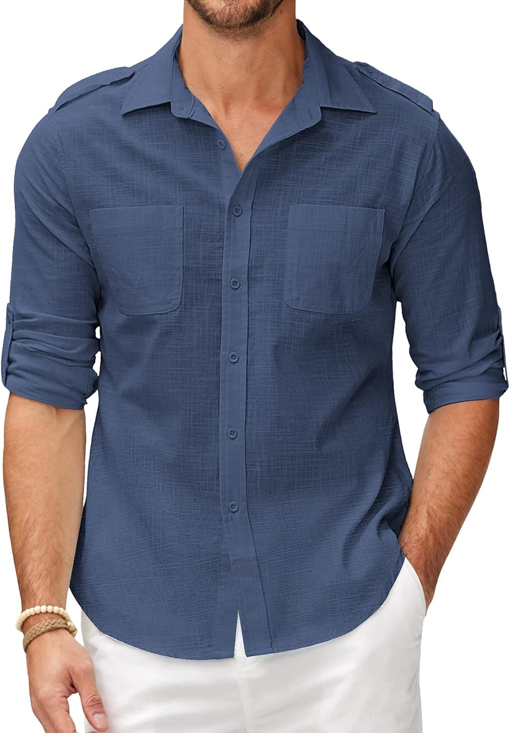 COOFANDY Men's Cotton Linen Shirt Long Sleeve Casual Button Down Summer Beach Plain T Shirts with Pockets