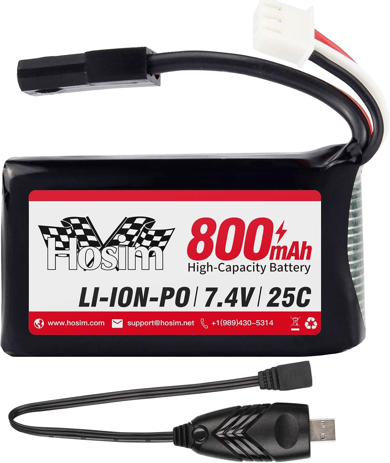 Hosim [New Version] 7.4V 800mAh RC Car Rechargeable Li-Po Battery & 1 pcs USB Charger, Spare Replacement Parts Assessory 9130 9135 9136 9138 1/16 Scale All Terrain RC Truck