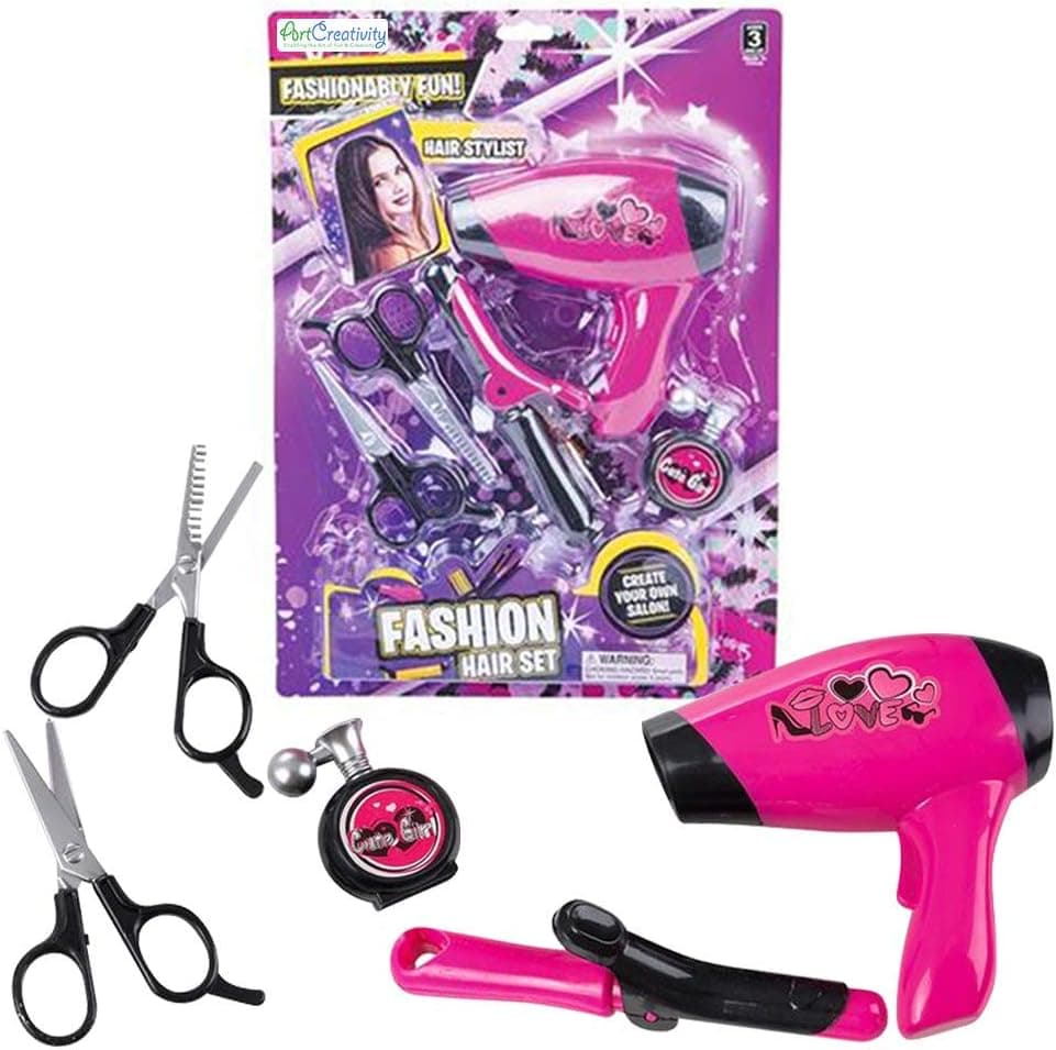 ArtCreativity Hair Stylist Set for Girls, Beauty Salon Pretend Play Kit with Toy Hair Dryer, Curling Iron, Perfume, and 2 Scissors, Durable Plastic Hair Dresser Playset, Best Birthday Gift for Kids