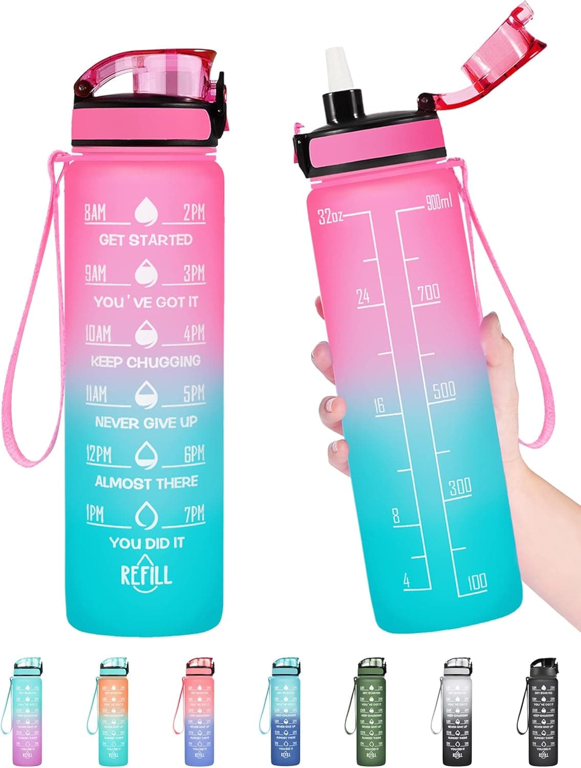 Enerbone 32 OZ Water Bottle, Leakproof BPA & Toxic Free, Motivational Water Bottle with Times to Drink and Straw, Fitness Sports Water Bottle with Strap for Office, Gym, Outdoor Sports