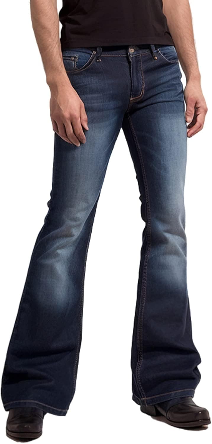 Men's Vintage Relaxed 70's Style Flared Bell Bottom Demin Jeans Stretch Mid Rise Elastic Jeans Classic Comfort Denim Pants