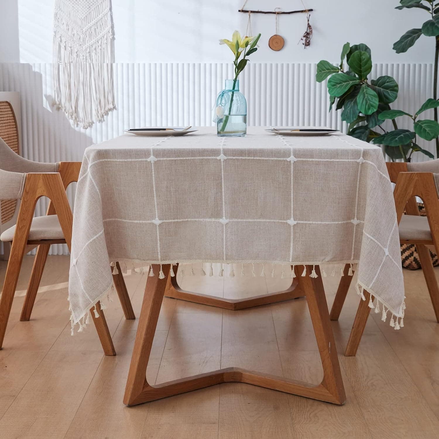ARSUN Waterproof Farmhouse Burlap Tablecloth with Tassel, Cotton Linen Rustic Embroidery Table Cloths for 6 Foot Tables Wrinkle Free Washable for Indoor and Outdoor Party Rectangle 55x70 Brown