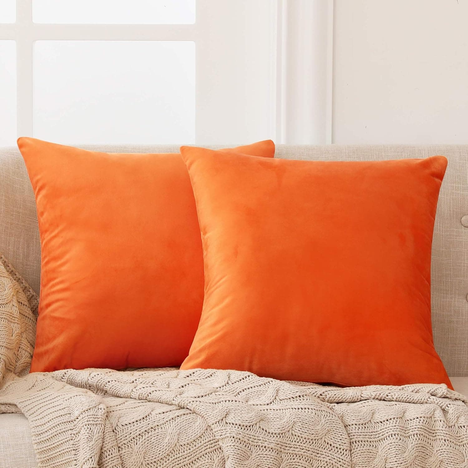 Deconovo Decorative Velvet Throw Pillow Covers for Sofa - 20x20 in, 2 Pcs, Orange