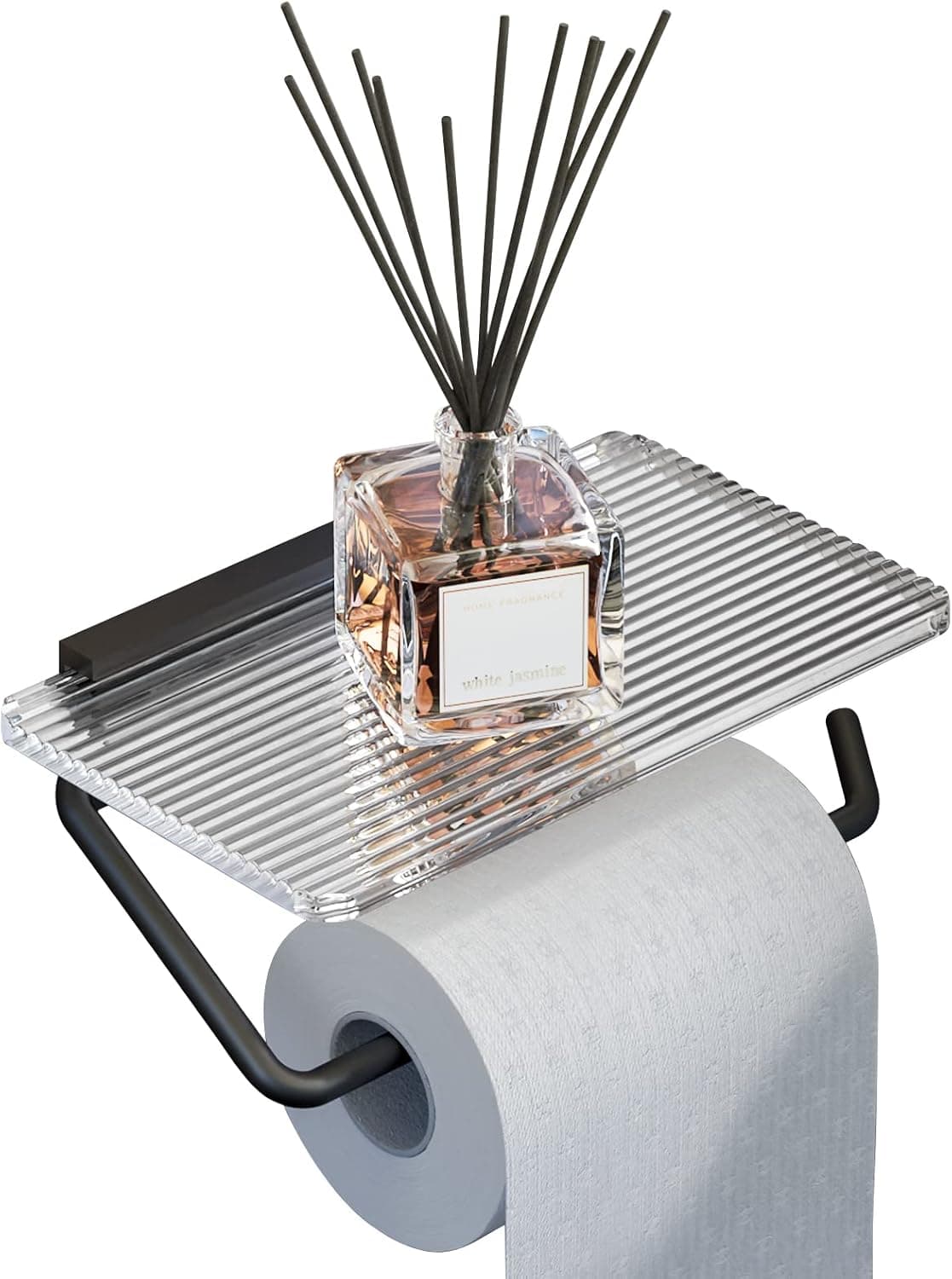 Toilet Paper Holder with Shelf - Wall Mount Drilling Free Bathroom Paper Roll Holder Acrylic & Aluminum Rustproof Toilet Paper Holder Black