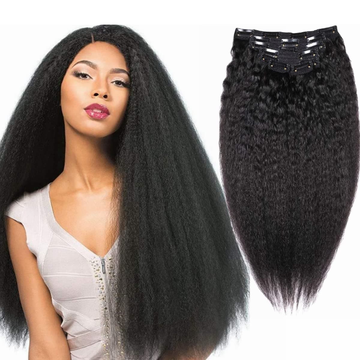 Kinky Straight Clip in Hair Extensions Real Human Hair 16 Inch Coarse Yaki Straight Hair Extensions 120g Natural Black Color 7 Pieces 16 Clips Triple Lace Weft (16", Natural Black(#1B))